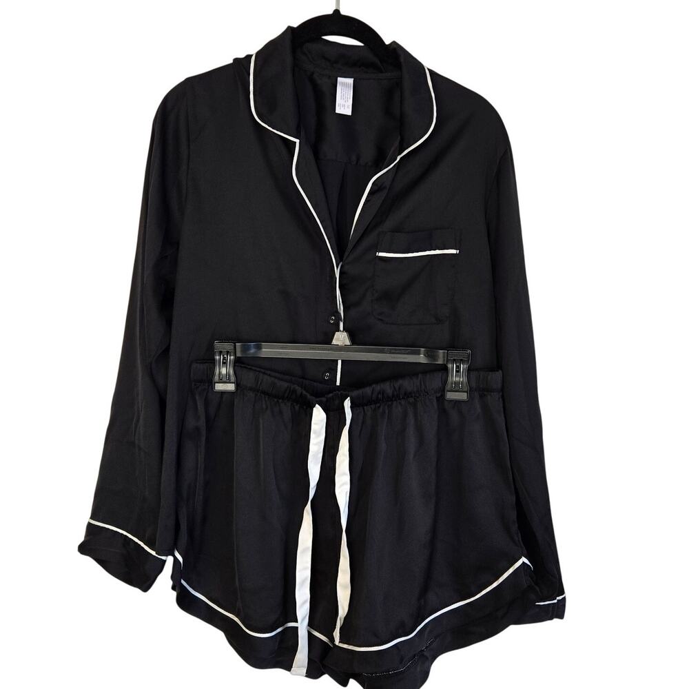 Satin Chic Pajama Set BLK/White Piping Button‑Up Top & Drawstring Shorts Medium